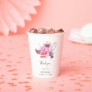 Birthday Afternoon Tea Party Script Elegant Pink Paper Cups