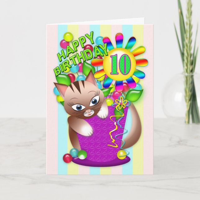 Birthday - Age 10 - Kitty Cat Celebrating Card (Front)
