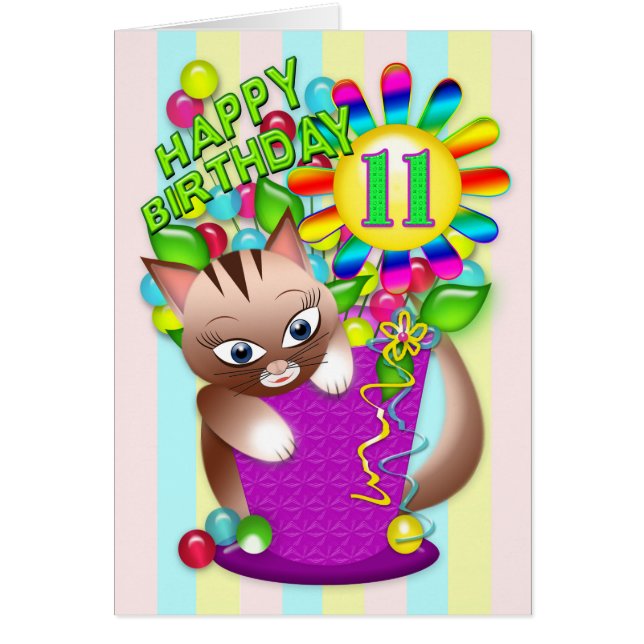 Birthday - Age 11 - Kitty Cat Celebrating (Front)