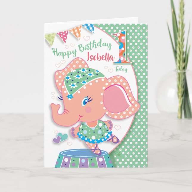 Birthday Age 1, Elle Ballerina Elephant Card (Front)