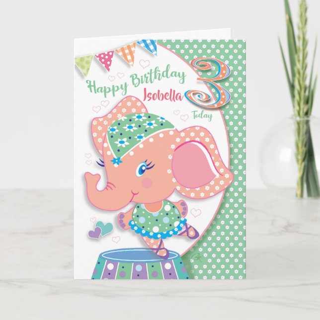 Birthday Age 3, Ella Ballerina Elephant Card (Front)