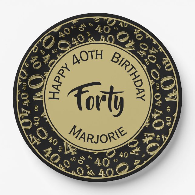 Birthday Age 40 Random Number Pattern Black/Gold Paper Plate (Front)