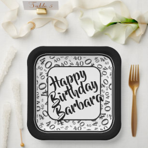 Birthday Age 40 Random Number Pattern Black/White Paper Plate