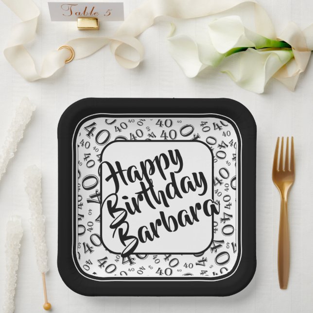 Birthday Age 40 Random Number Pattern Black/White Paper Plate (Wedding)