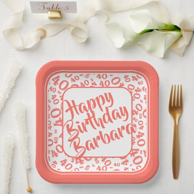 Birthday Age 40 Random Number Pattern Coral/White Paper Plate (Wedding)