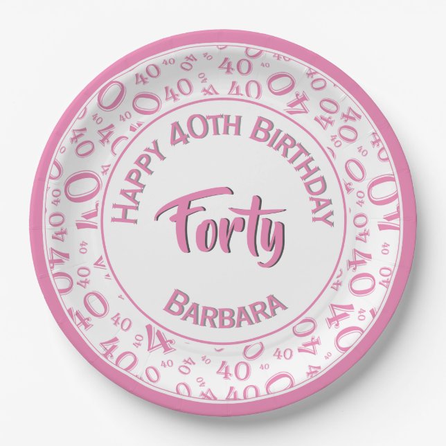 Birthday Age 40 Random Number Pattern Pink/White Paper Plate (Front)