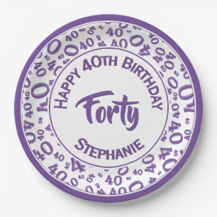 Birthday Age 40 Random Number Pattern Purple/White Paper Plate