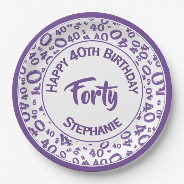 Birthday Age 40 Random Number Pattern Purple/White Paper Plate (Front)