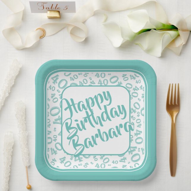 Birthday Age 40 Random Number Pattern Teal/White Paper Plate (Wedding)