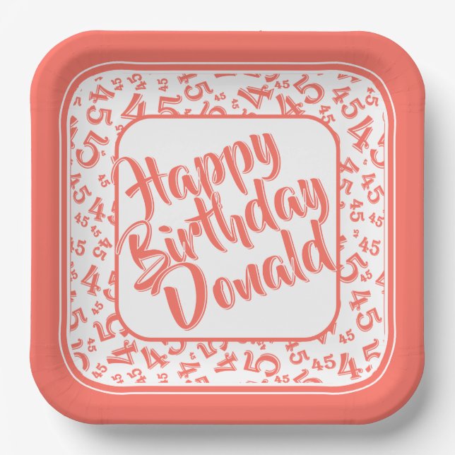 Birthday Age 45 Random Number Pattern Coral/White Paper Plate (Front)
