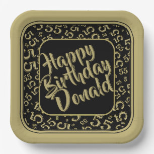 Birthday Age 55 Random Number Pattern Black/Gold Paper Plate