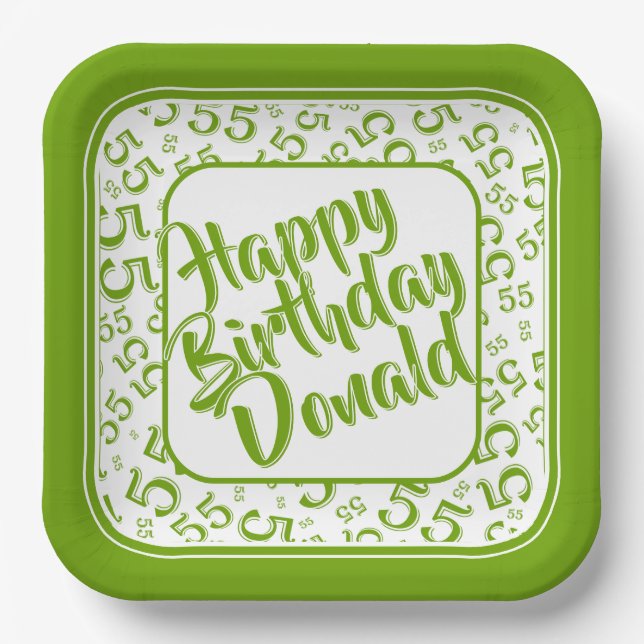Birthday Age 55 Random Number Pattern Green/White Paper Plate (Front)