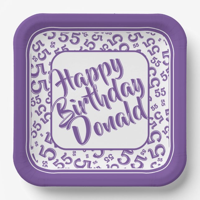 Birthday Age 55 Random Number Pattern Purple/White Paper Plate (Front)