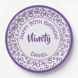 Birthday Age 90 Random Number Pattern Purple/White Paper Plate