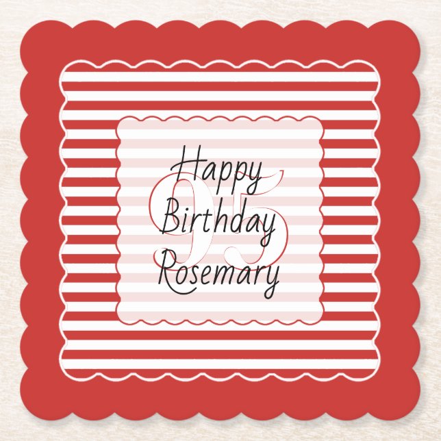 Birthday Age Red/White Simple Stripes Pattern Paper Coaster (Front)
