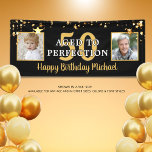 Birthday AGED TO PERFECTION Black Gold Stars Banner<br><div class="desc">Black white and gold stars birthday banner for any age birthday personalised with two photos and your custom text. The sample shows AGED TO PERFECTION over the editable age 50 and the editable greeting HAPPY BIRTHDAY NAME in a modern handwritten script font. Fun to use Then and Now photos. PHOTO...</div>