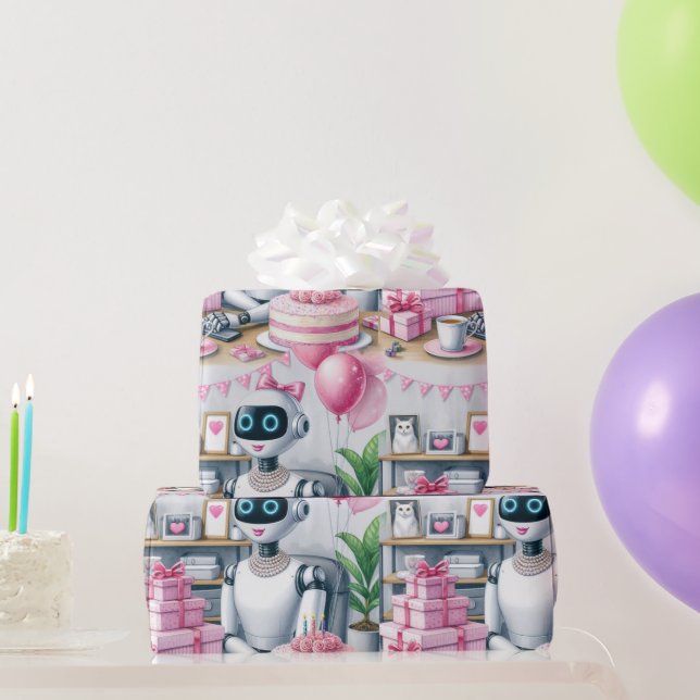 Birthday  Ai Robot Pink Sparkle Balloons  Wrapping Paper (Party Gifts)