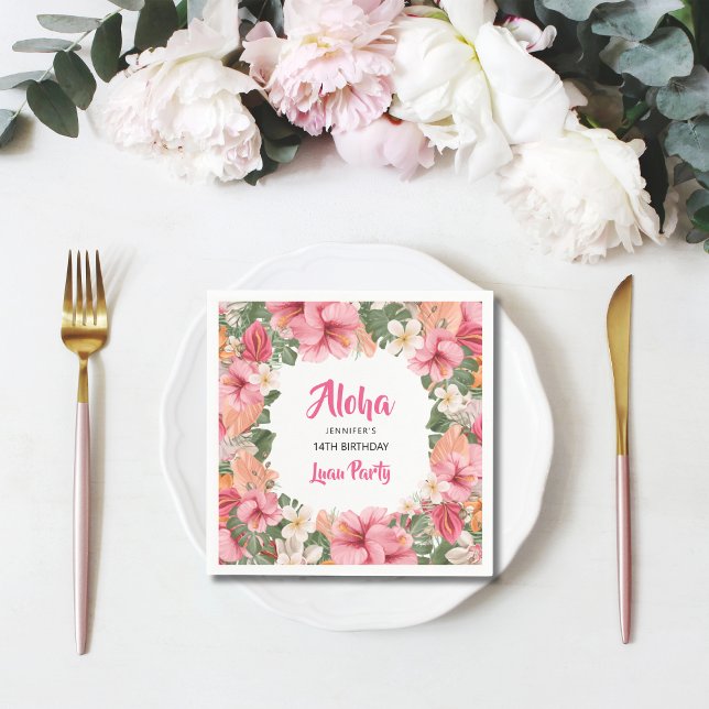 Birthday Aloha Tropical Hibiscus Luau Paper Napkin (Creator Uploaded)