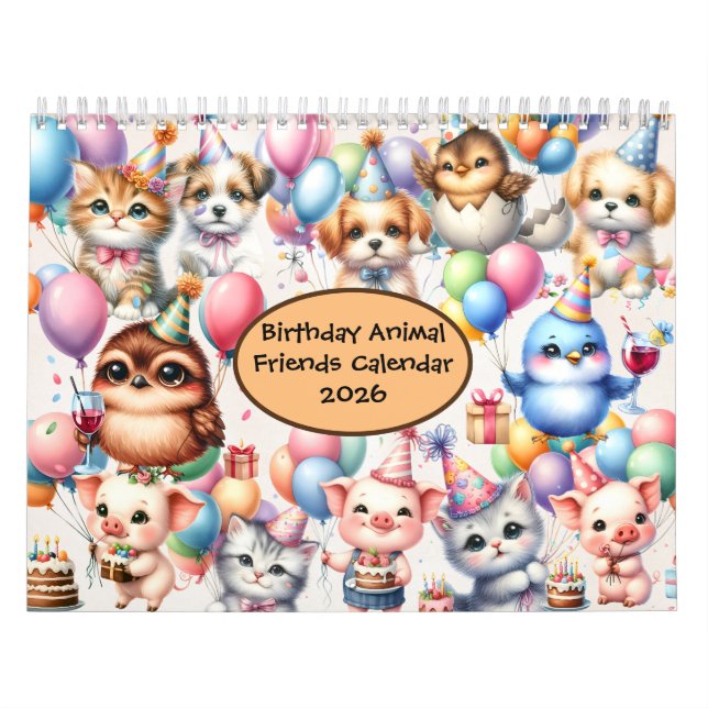 Birthday Animal Friends 2026 Calendar 12 Months (Cover)