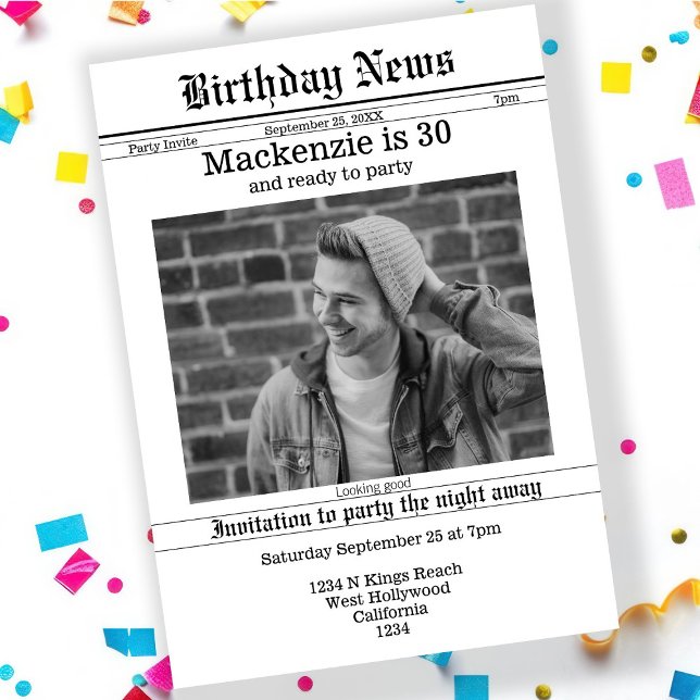 Birthday Announcement Newspaper Personalised (Birthday Announcement Newspaper Personalized Novelty Invitation by Ricaso. Add own photo and text)
