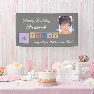 Birthday any age add photo name brown grey party banner