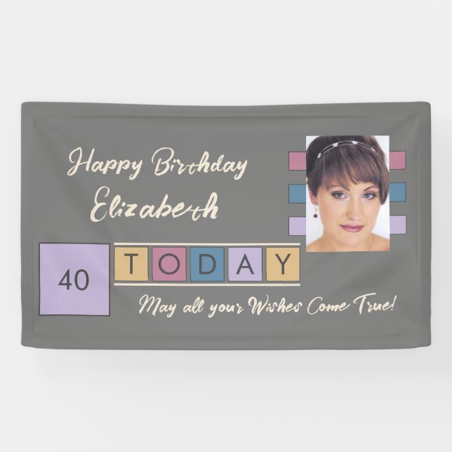 Birthday any age add photo name brown grey party banner (Horizontal)