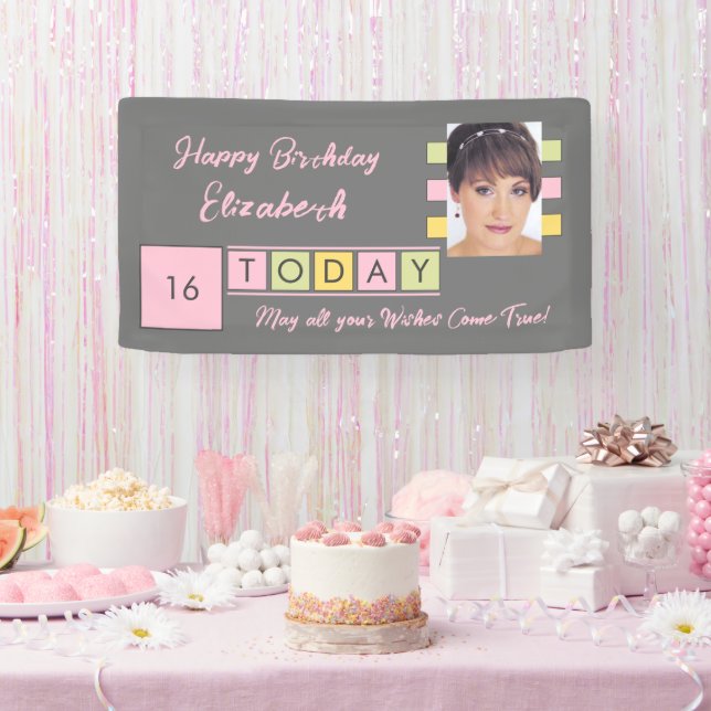 Birthday any age add photo name grey party banner (Party)