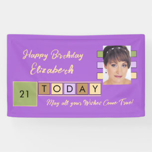 Birthday any age add photo name purple party banner