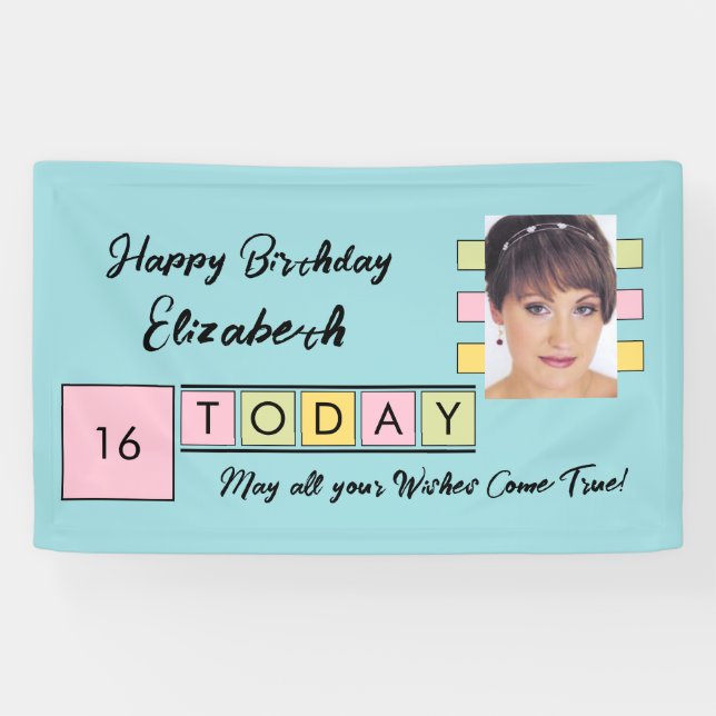 Birthday any age add photo name turquoise party banner (Horizontal)