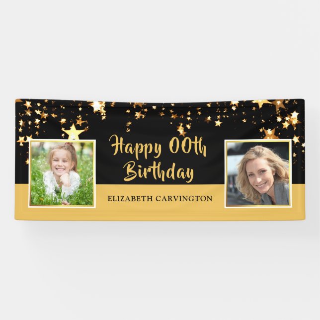 Birthday | Any Year | Black & Editable Gold Photo Banner (Horizontal)