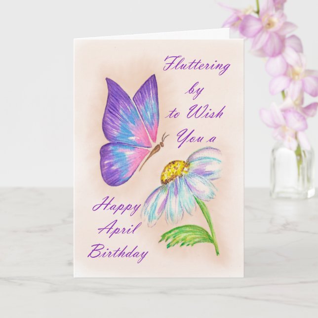 Birthday April Daisy and Butterfly Design Card (Orchid)