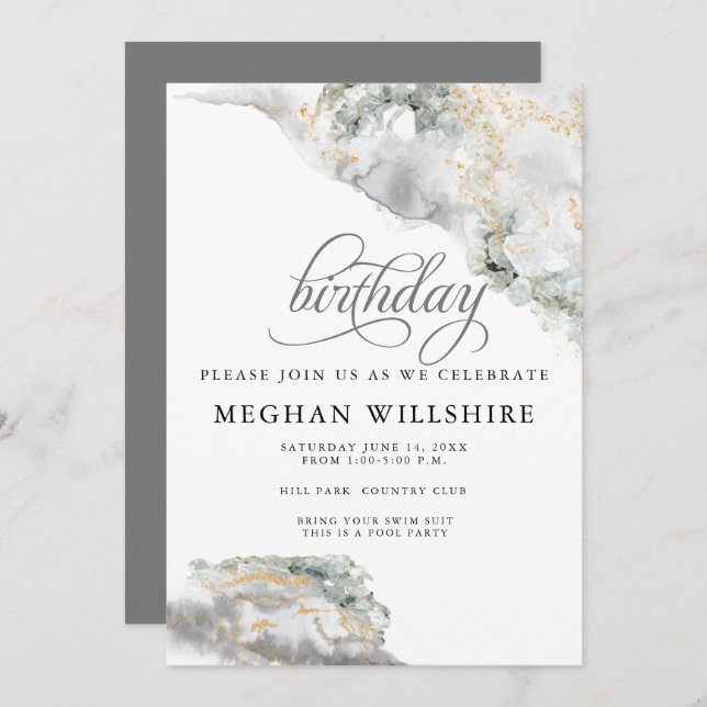 Birthday April Diamond Watercolor Geode Invitation (Front/Back)