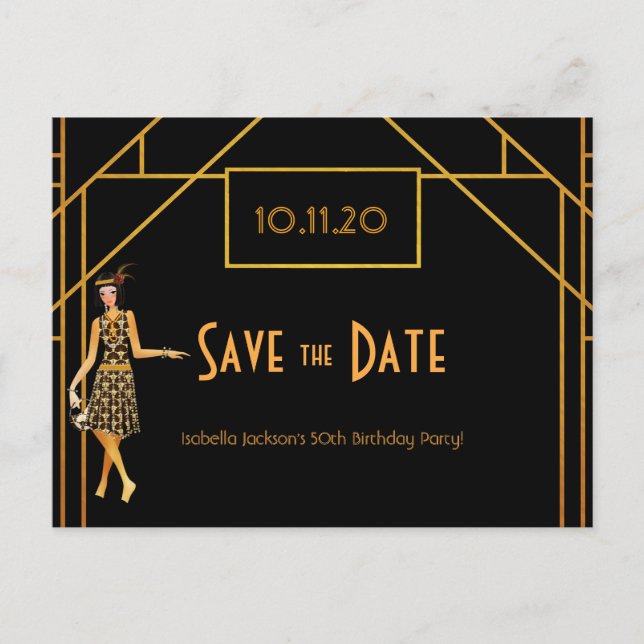 Birthday art deco 1920's retro save the date postcard (Front)