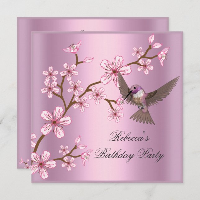 Birthday  Asian Pink Blossom Flowers Bird Invitation (Front/Back)