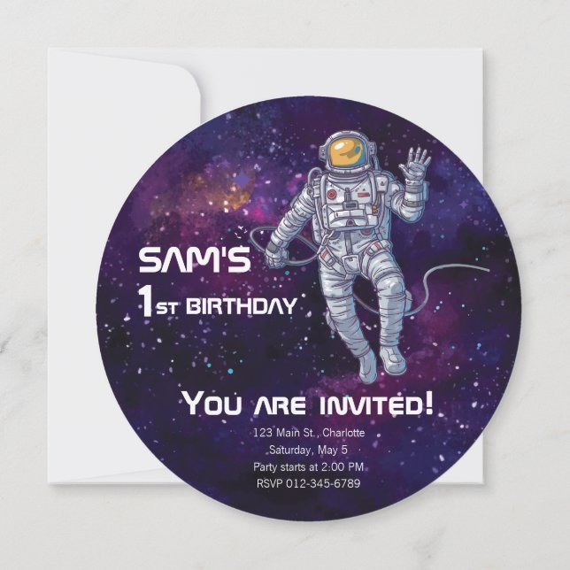 Birthday. Astronaut in Space with Stars & Galaxy. Invitation (Back)