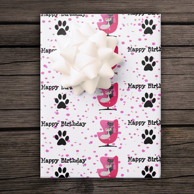 Birthday Atomic Cats Pink Chair Paw Prints Dots Wrapping Paper Sheet (Atomic black white cats in pink chair black cat paw prints on white pink dotted Birthday gift wrap.)