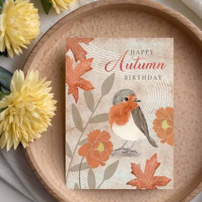 Birthday Autumn Leaves Flowers and Robin Bird  Card (Creator Uploaded)