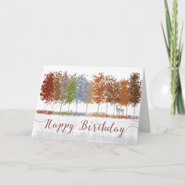 Birthday Autumn Trees and Lone Deer Card (Front)