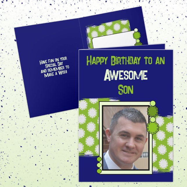 Birthday awesome son photo green blue card (Creator Uploaded)