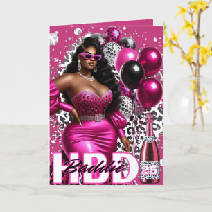Birthday Baddie Black Woman Pink Leopard Glam Card