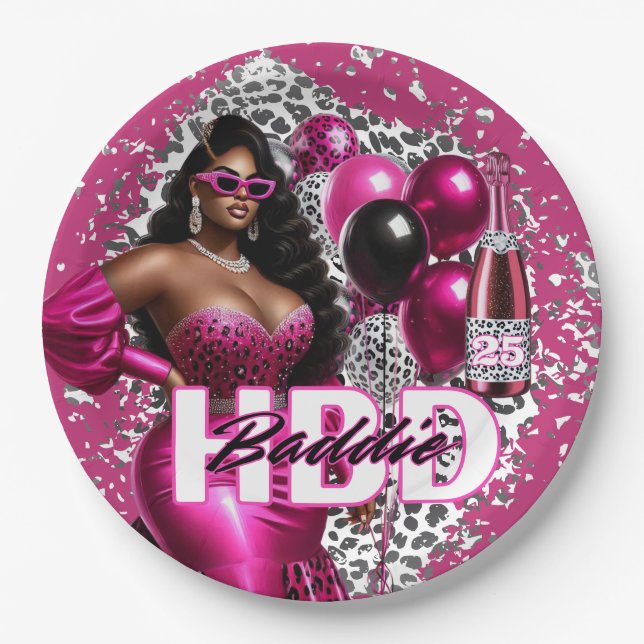 Birthday Baddie Black Woman Pink & Leopard Paper Plate (Front)