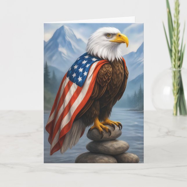 Birthday Bald Eagle Wearing an American Flag Cape Card (Front)