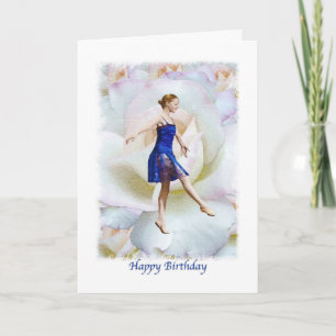Birthday, Ballerina in Blue on a White Rose Card
