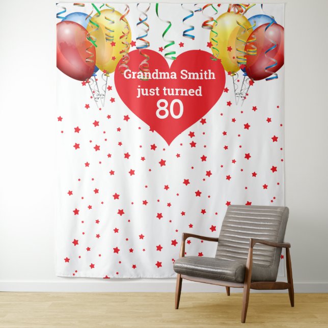 Birthday Balloon Backdrop 80th Photo Prop Tapestry (In Situ)