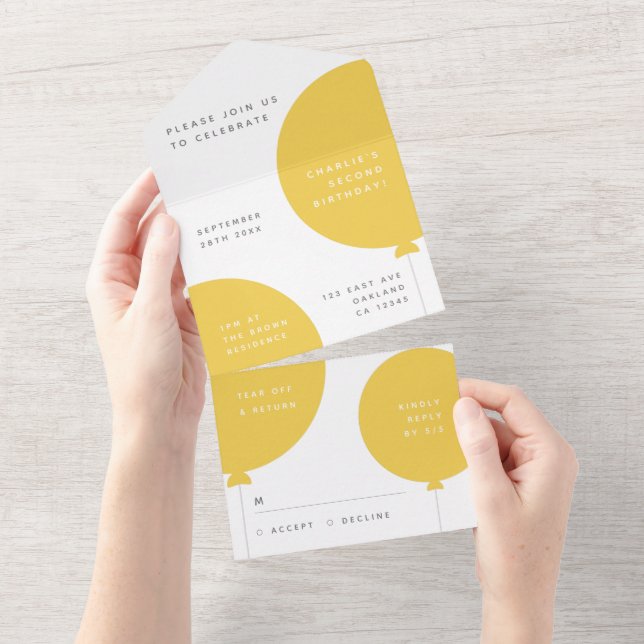 Birthday Balloon Mustard Yellow Party Scandi RSVP All In One Invitation (Tearaway)