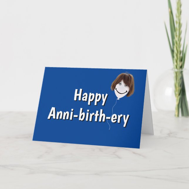 Birthday Balloon with Hair On Blue Card (Front)