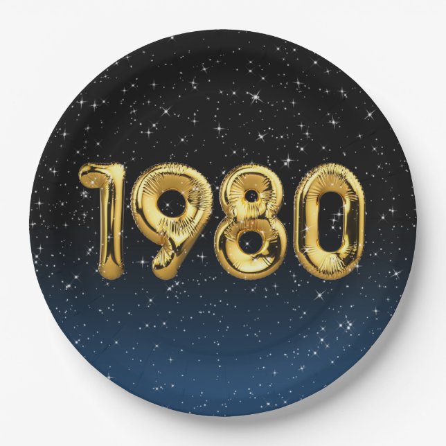 Birthday Balloons 1980 In Stars Paper Plate (Front)