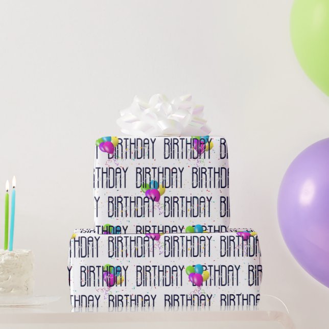 Birthday Balloons and Confetti On White Wrapping Paper (Party Gifts)