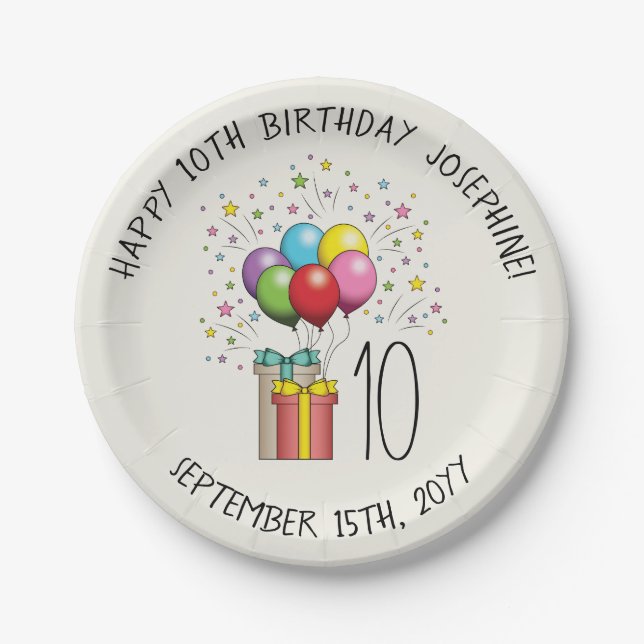 Birthday Balloons And Presents With Age And Text Paper Plate (Front)