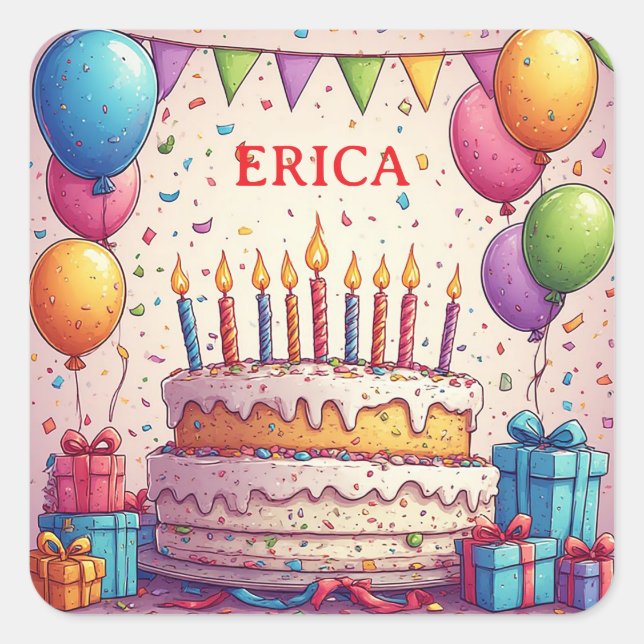🎂 Birthday Balloons Cake And Gift Boxes Theme 🎈 Square Sticker (Front)